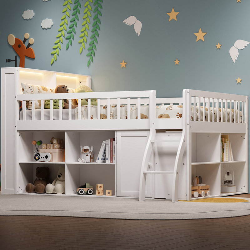 Loft Bed With Storage, Headboard With LED Light, White, Full