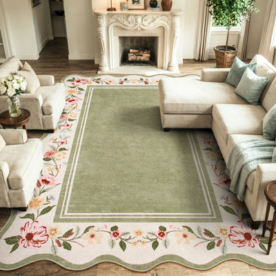 Washable Floral Scalloped Low Pile Non-Slip Green 8X10 Area Rugs For Living Room Bedroom Vintage Office Dining Room Rug
