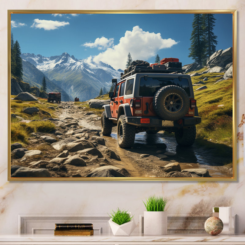 Jeep rouge au parc national de Yosemite, H 12 po x l 20 po x P 1 po, Cadre flottant doré