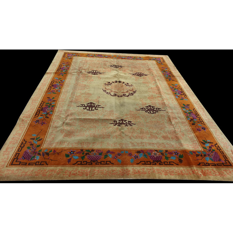 Antique Ivory Beige Cream Color Hand Knotted Wool Pile Chinese Area Rug