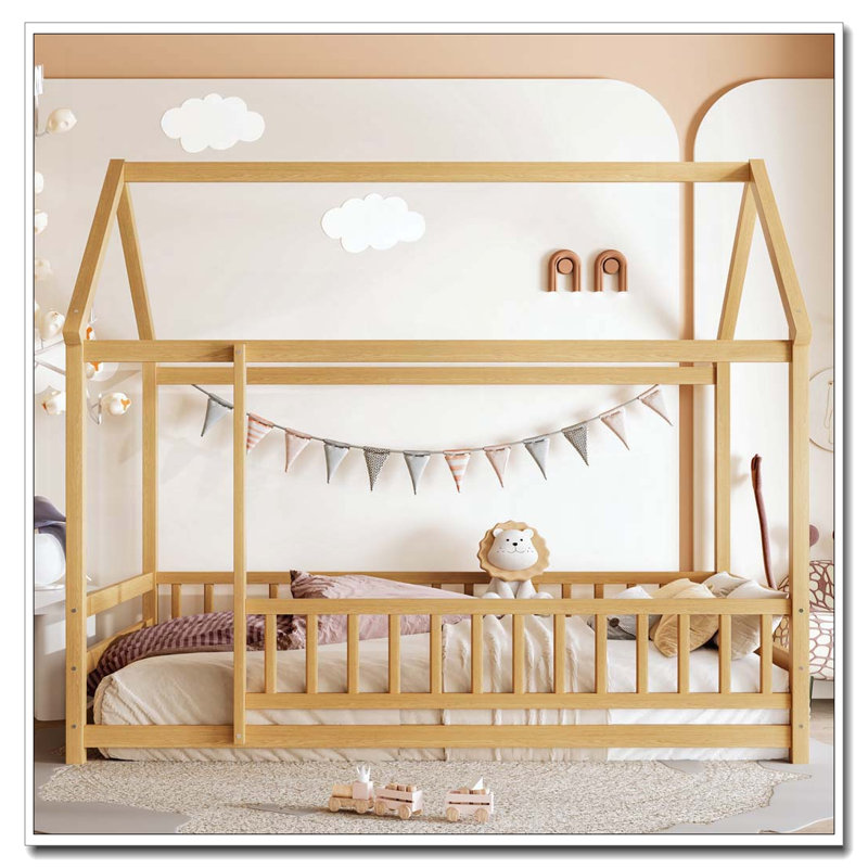 Lit simple en bois avec structure de toit, Naturel