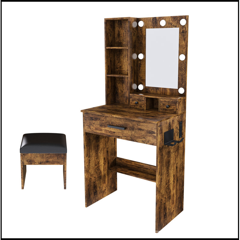 Table de coiffeuse avec miroir, lumières DEL réglables, prise de courant, support pour sèche-cheveux et tabouret, Brown