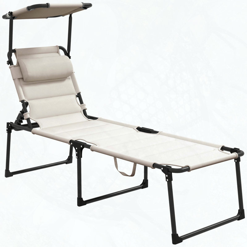 Chaise longue pliante avec dossier réglable et parasol - Blanc crème, Blanc, crème