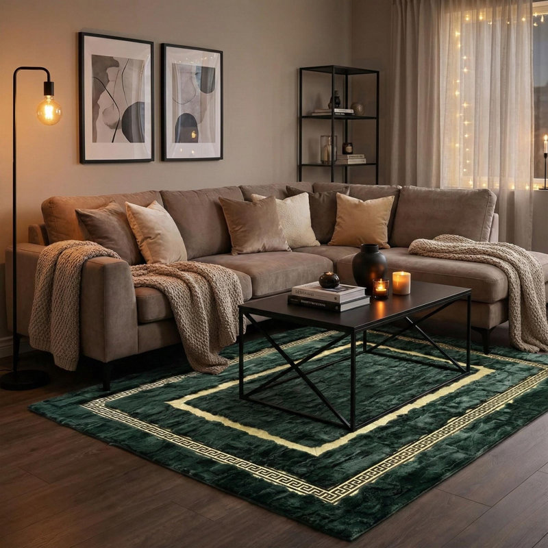 Green And Gold Rabbit Fur Rug, Emerald Green Area Rug,, Rectangle 8'10" x 12'