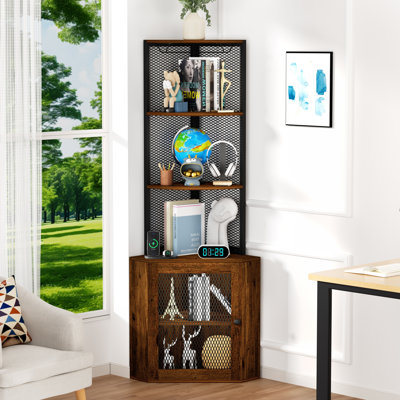 Corner Shelf With Doors, 65" Corner Cabinet With Shelves & Wine Glass Rack, 6 Tier Bookshelf Display Corner Shelves, Freestanding Corner Storage Stand by 17 Stories
