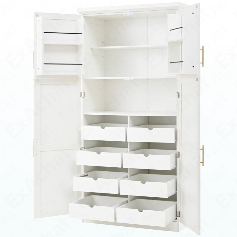 Garde-manger 70,9 po de hauteur - autoportant avec 4 portes, plateaux coulissants et tablette réglable, Blanc
