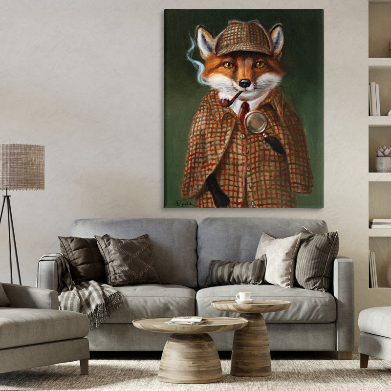 Détectif renard avec toile tendue, design par Lucia Heffernan, H 48 po x l 36 po