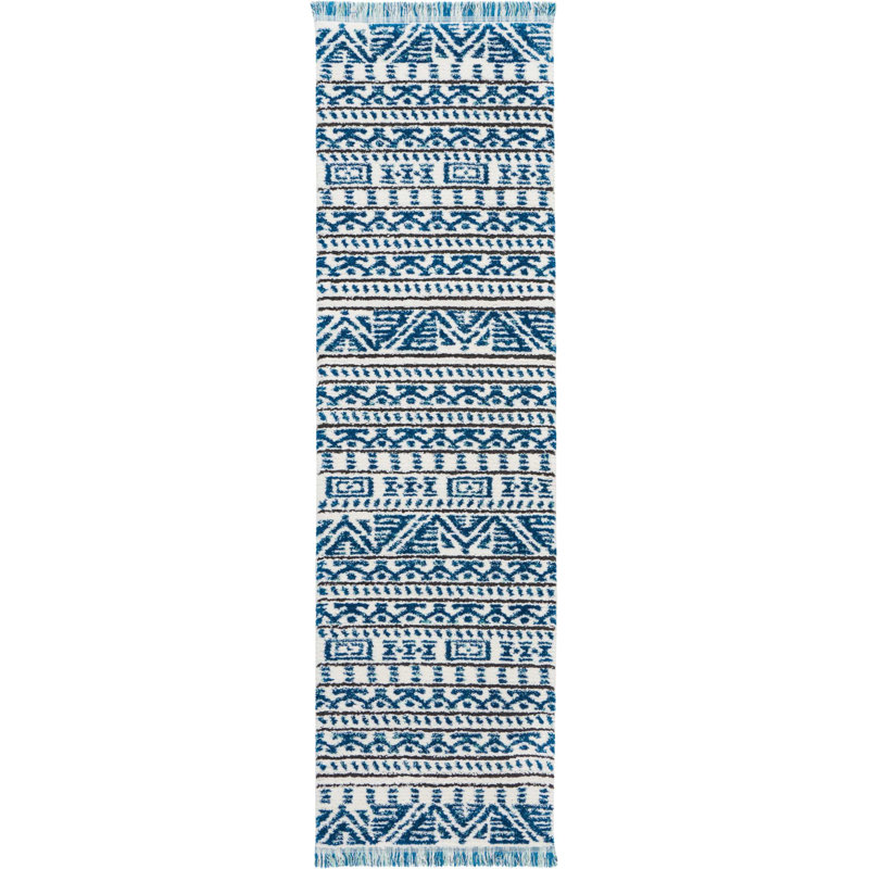 Tapis bleu tribal Genny, Tapis de couloir 2 pi 2 po x 7 pi 6 po