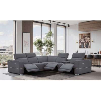 Canapé modulaire inclinable électrique en cuir véritable italien avec repose-tête et console sans fil