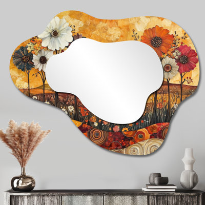 Assortiment de bouquets de fleurs, paysage de grange I - miroir mural asymétrique de campagne, miroir de coiffeuse champêtre, imprimé sur métal