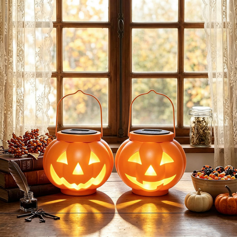 Ensemble de 2 lanternes solaires citrouilles d'Halloween, décor extérieur imperméable pour cour, pelouse et sentier