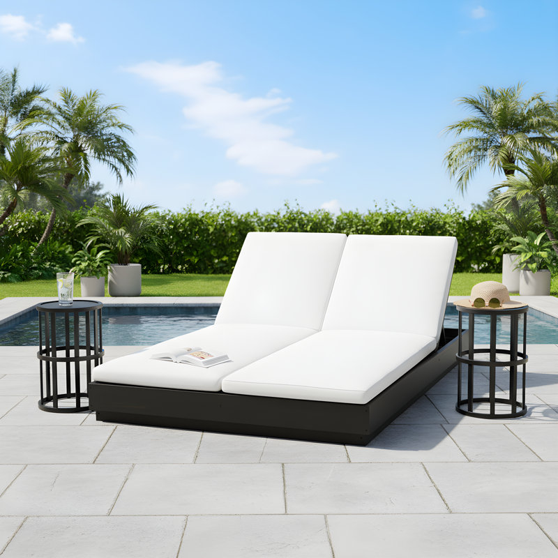 Opheim Patio 3-Piece Acacia Wood Double Chaise Lounge & Ceramic Tile Side Table Set