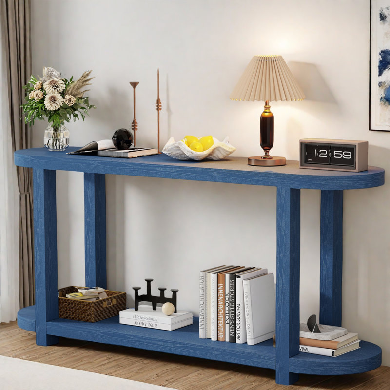 Minimalist Console Table With Oval Desktop And 2-tier Design, Navy