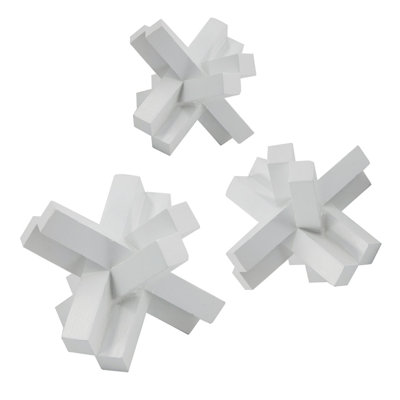 Set of 3 Matte White Fir Wood Geometric Jack Sculptures, Modern Minimalist Decorative Tabletop Accents in Assorted Sizes
