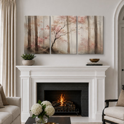 Blush Pink Woodland Landscape Artwork, Bedroom Pictures, Framed Canvas Giclee Print 3 Pieces Wall Art