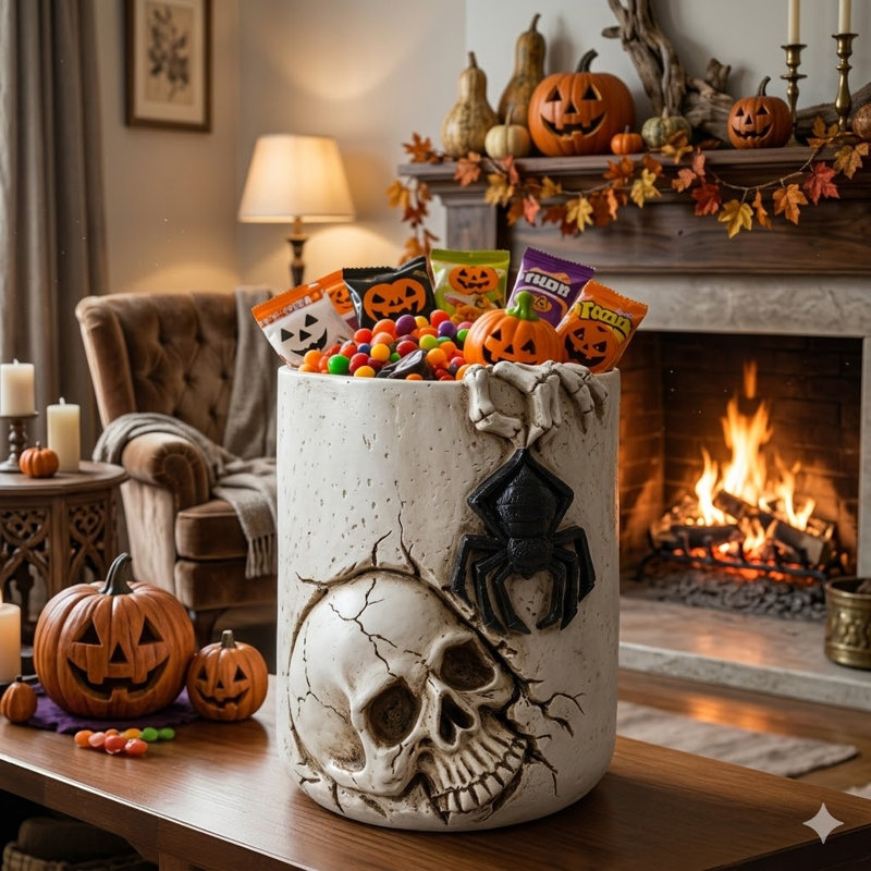 Pot de rangement décoratif en résine avec crâne, araignée et os d'Halloween