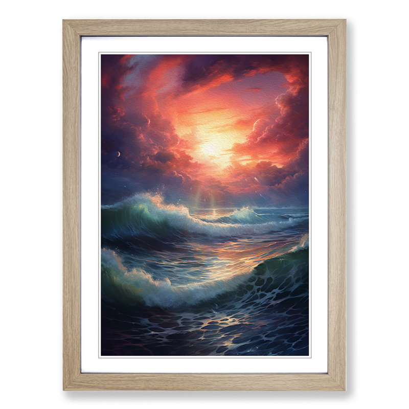 Ocean Tachisme - Single Picture Frame Print on Wood, Oak , 34cm H x 25cm W x 2cm D