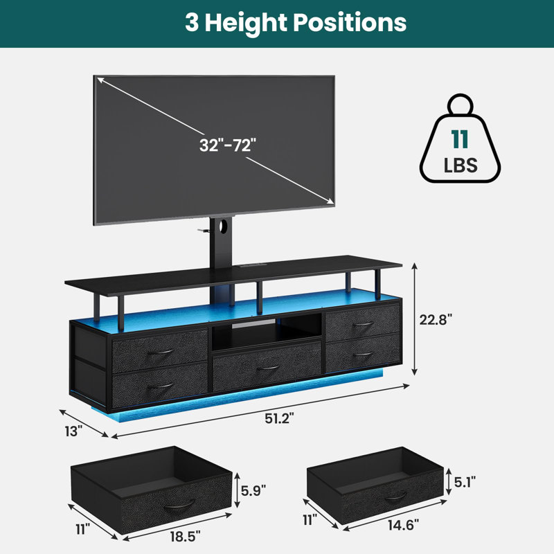 Meuble télé à DEL avec support pour téléviseurs de 45/55/65/70 po, meuble télé avec prises de courant et rangement, Noir