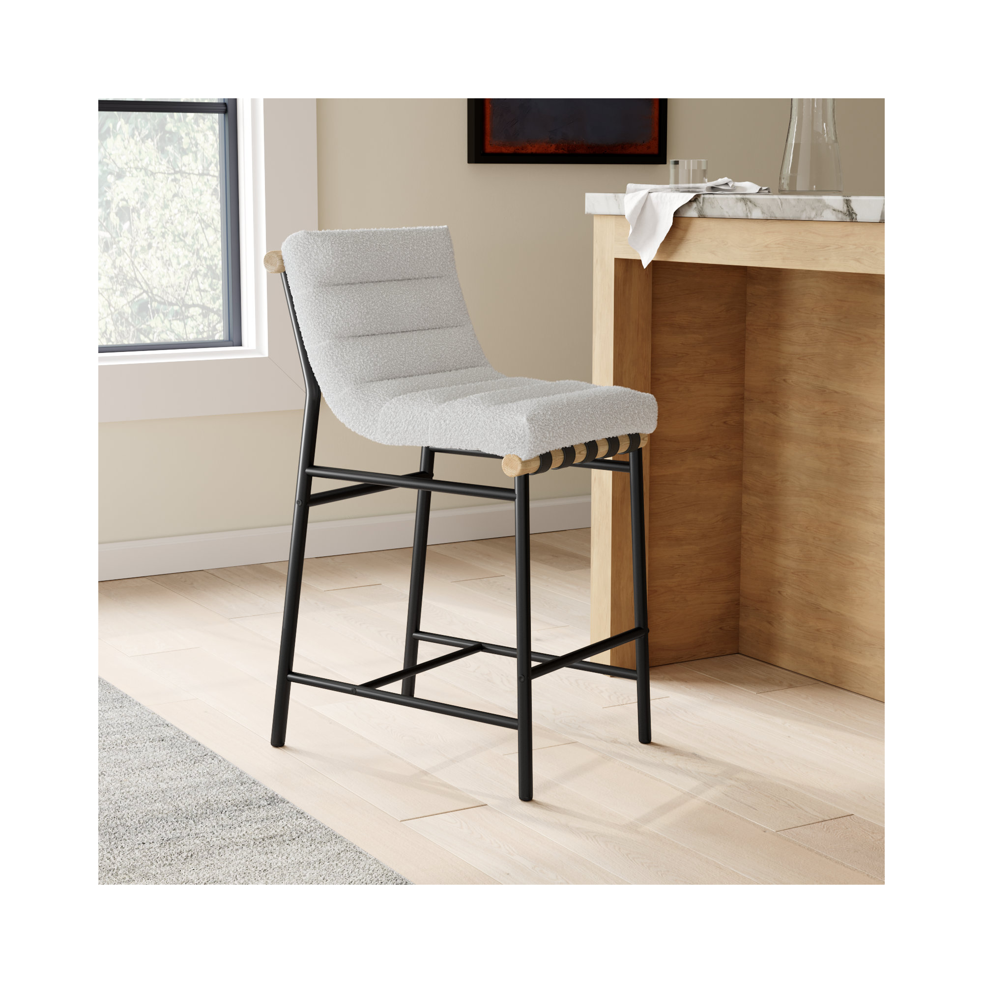 Vincentas Counter Stool, Counter Stool (26.4" Seat Height), Cream Boucle