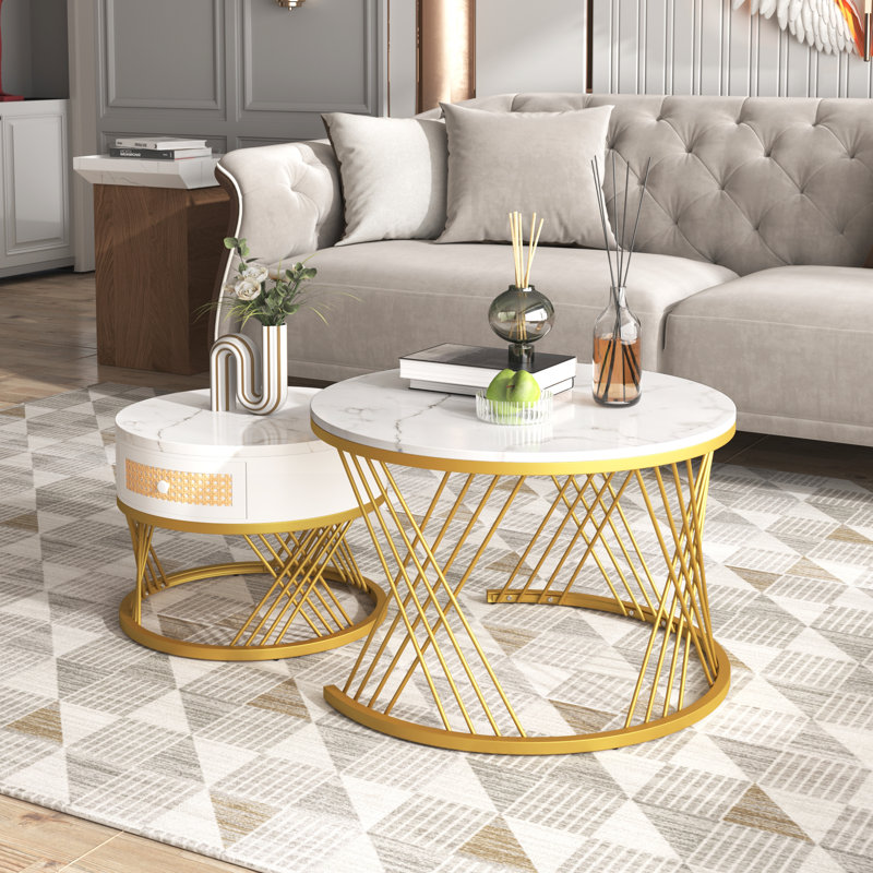 Round Nesting Coffee Table Set Marble Effect Rattan Drawer Gold Metal Legs Side End Units Living Room Lounge Base, White & Gold
