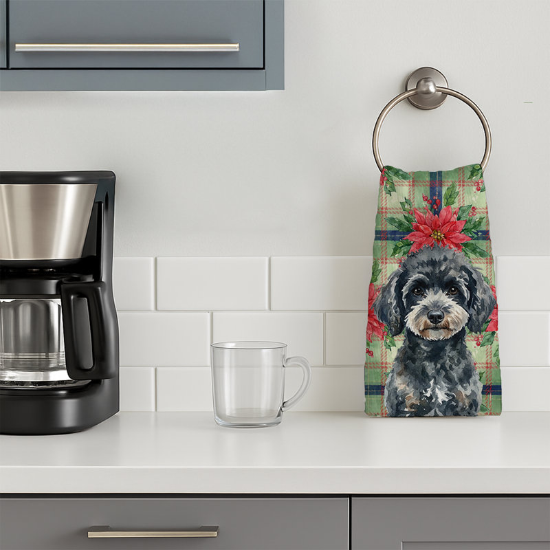 Miniature Black Poodle Christmas PoinsettIas Kitchen Towel, Miniature Black Poodle