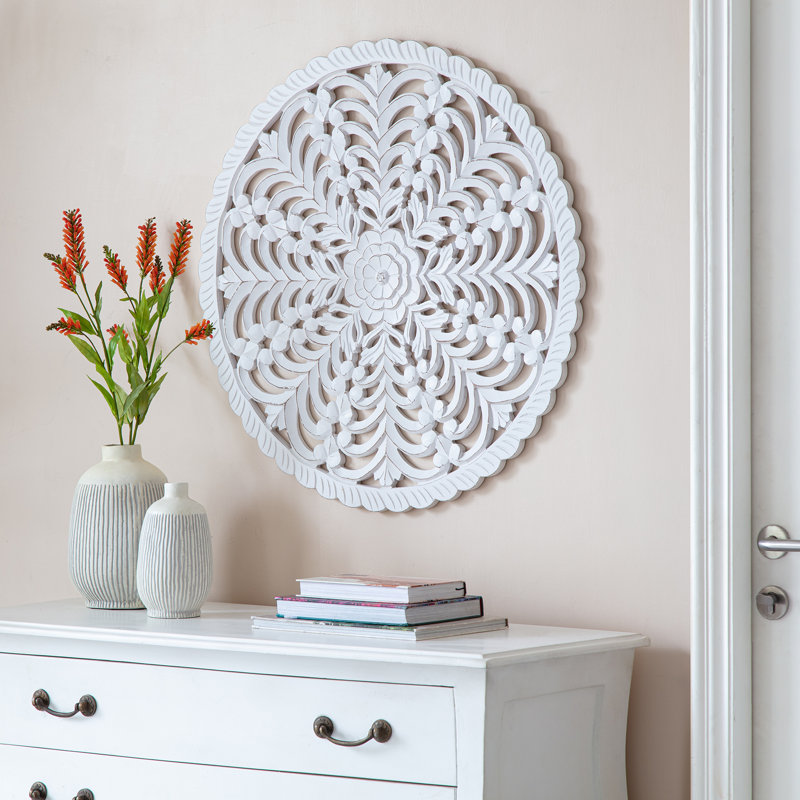 Lottie White Round Wood Bohemian Wall Medallion, 30-Inches