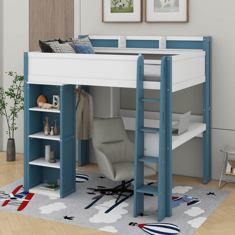 Lit mezzanine en bois pleine grandeur avec tablettes, portemanteaux et bureau, Blanc / Bleu