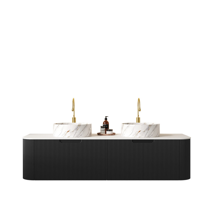 Meuble-lavabo noir 60 po avec 2 lavabos en céramique blancs, motif de pierre, tiroirs, pré-assemblé, comptoir, lavabos à système de fermeture en douceur et rangement, contreplaqué à rayures 3D