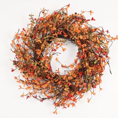 26" Artificial Farmhouse Harvest Fall Foliage Berry Pinecone Twig Thanksgiving Day Front Door Wreath