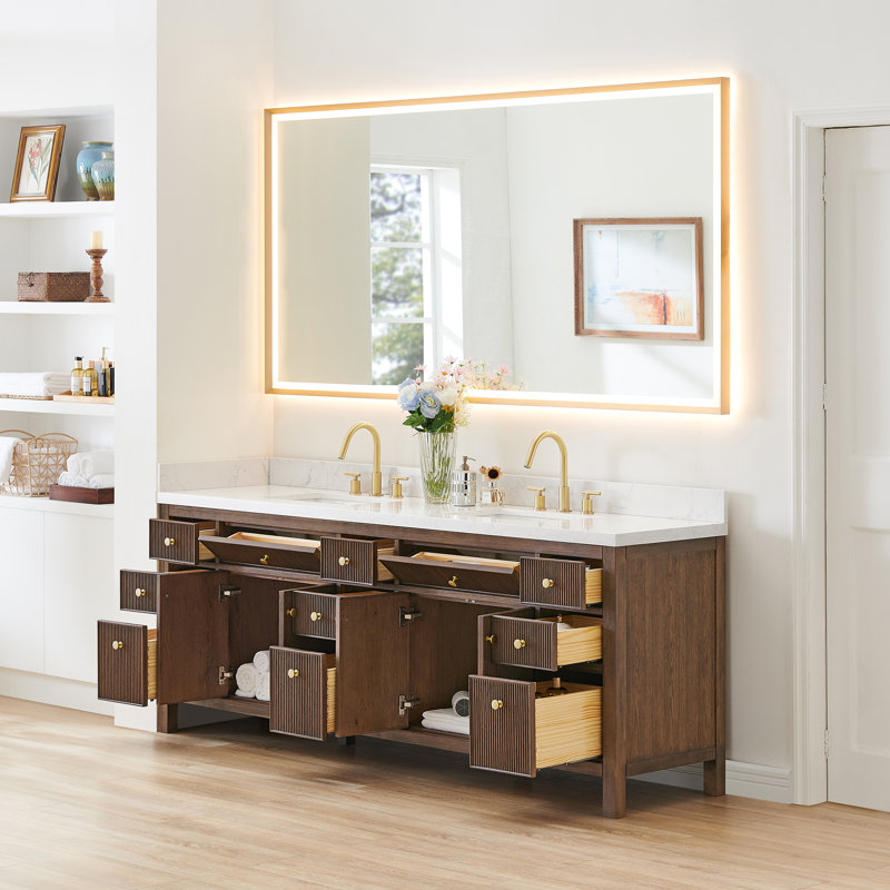 Lala 84" Double Bathroom Vanity with Grain White Engineered Stone Countertop with Mirror, Brown Brushed Oak