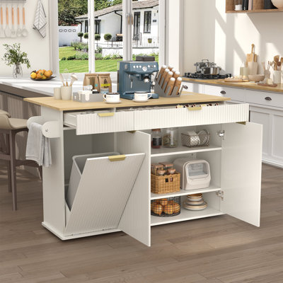Îlot de cuisine roulant avec abattant, étagère réglable à porte coulissante, armoire à poubelle, deux tiroirs, support à épices, porte-serviettes et 5 roulettes pivotantes