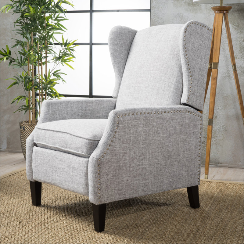 Comfortable Traditional Recliner With Studded Border For Home Decoration, Light Gray