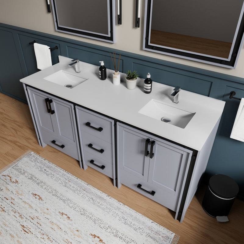 Ensemble de meuble-lavabo double avec comptoir en quartz blanc et robinet, Gris foncé