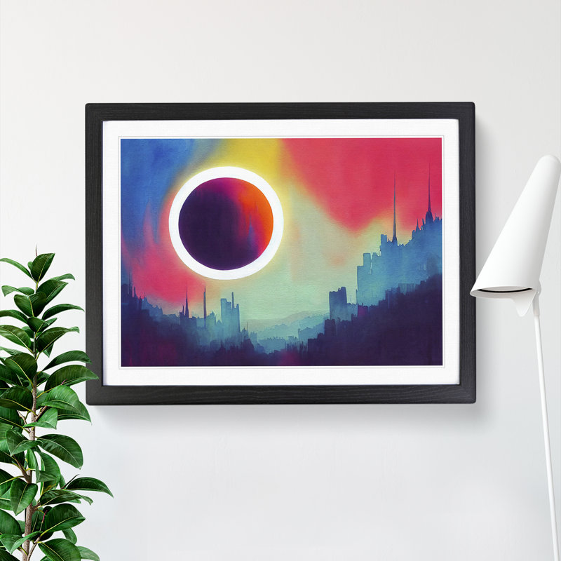Pretty Watercolour Skyline Abstract - Single Picture Frame Painting, 46cm H x 64cm W x 2cm D, Black Framed