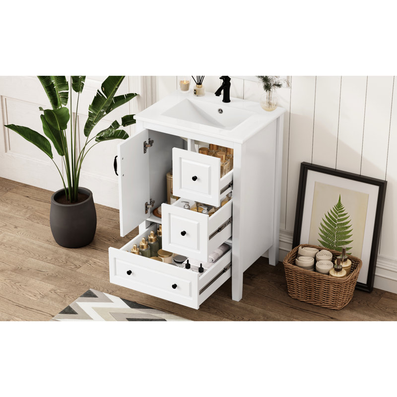 Meuble-lavabo blanc de 24 po avec lavabo en céramique lisse, armoire et tiroirs à fermeture en douceur, poignées en alliage d'aluminium autoportantes avec dossier ouvert nécessitant peu d'entretien pour la plomberie