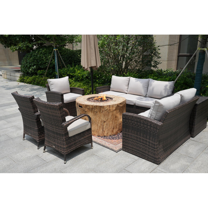 8 - Person Patio Conversation Set with Cushions, Beige, Brown