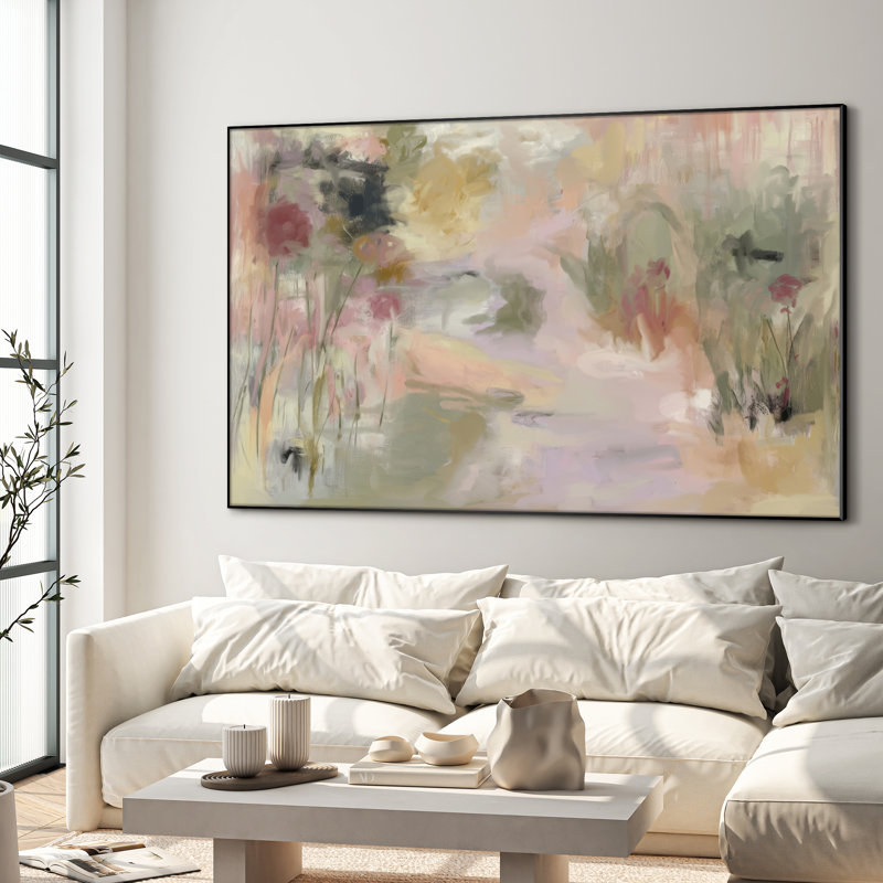 Extra Large Wall Art Fabric Print - Abstract Garden Impression Soft Pastel Nature-Inspired Artwork Decor for Living Room or Bedroom - "Frame Assembly Required (Unfinished Frame)"