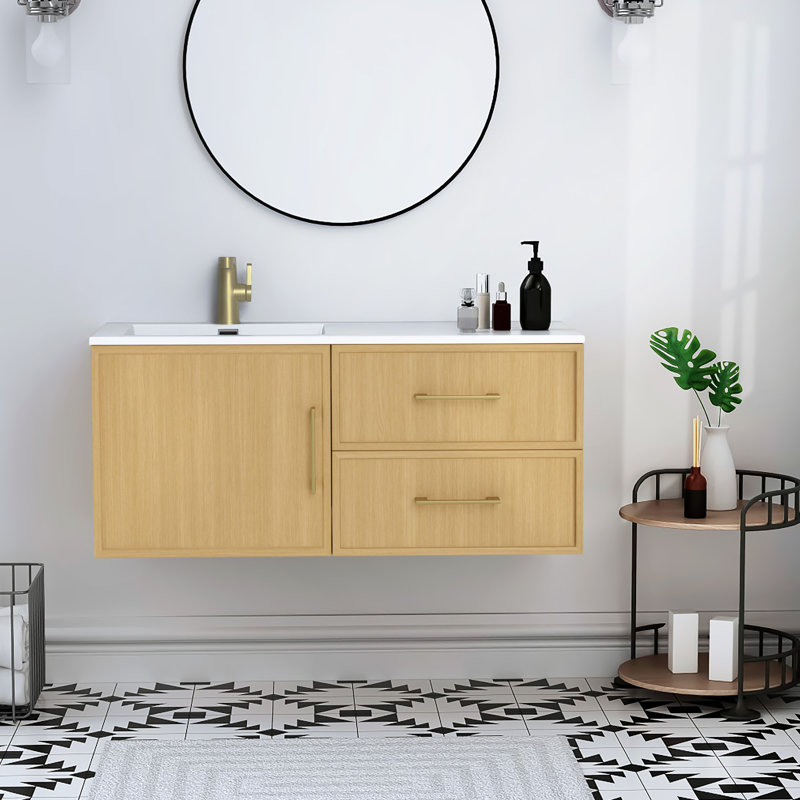 Meuble-lavabo mural simple 42 po avec plateau en marbre de culture et lavabo intégré Razza, Natura, Doré