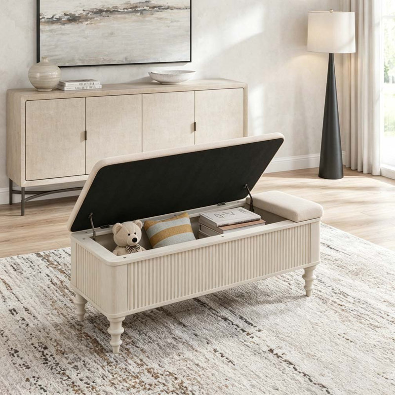 Banc de rangement avec repose-pieds en bois d'hévéa massif de 50,8 pouces avec siège en lin, Beige