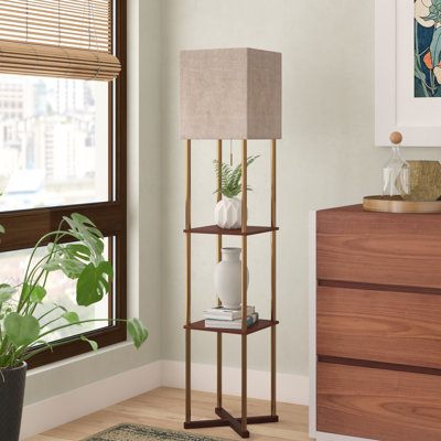 Ilona 62.25'' Antique Brass/Walnut Column Floor Lamp with USB