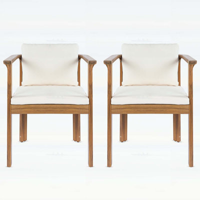 Ensemble de 2 chaises de salle à manger élégantes pour l'extérieur avec accoudoirs courbés en bois d'acacia, finition teck et coussins crème confortables