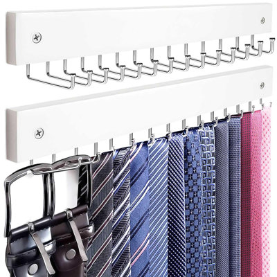 Tie Rack Wall Mounted, Belt Hanger, Tie Organizer for Closet, Wooden Tie and Belt Organizer, 28 Folding Hooks, Durable Belt Rack for Closet Wall Mount, 2-Pack, (White)