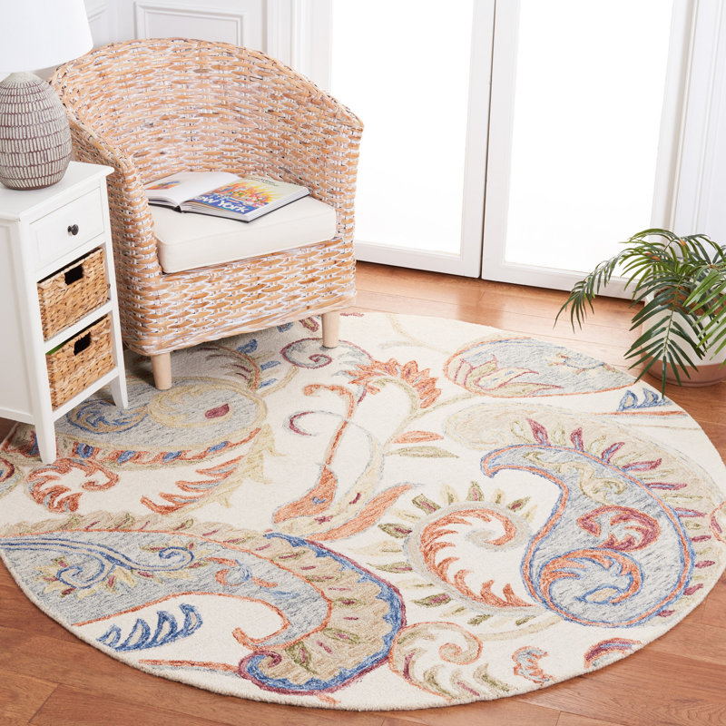 Runner Alben Paisley Handmade Tufted Wool/Cotton Area Rug in Ivory/Rust, Round 6'