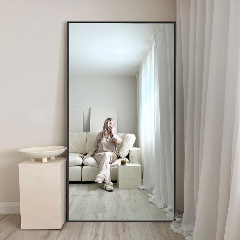 Vertell Oversize Rectangle Full Length Mirror Metal Mirror for GYM/ Bedroom with Stand, Matte Black, 71" x 32"
