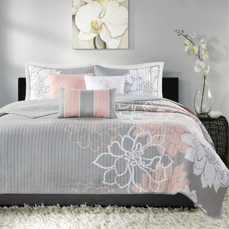 6 pièces de courtepointe, gris / pêche, double / grand, imprimé en coton, design réversible, chaleureux et élégant, 3 coussins décoratifs imprimés en coton 6 pièces, élégance,