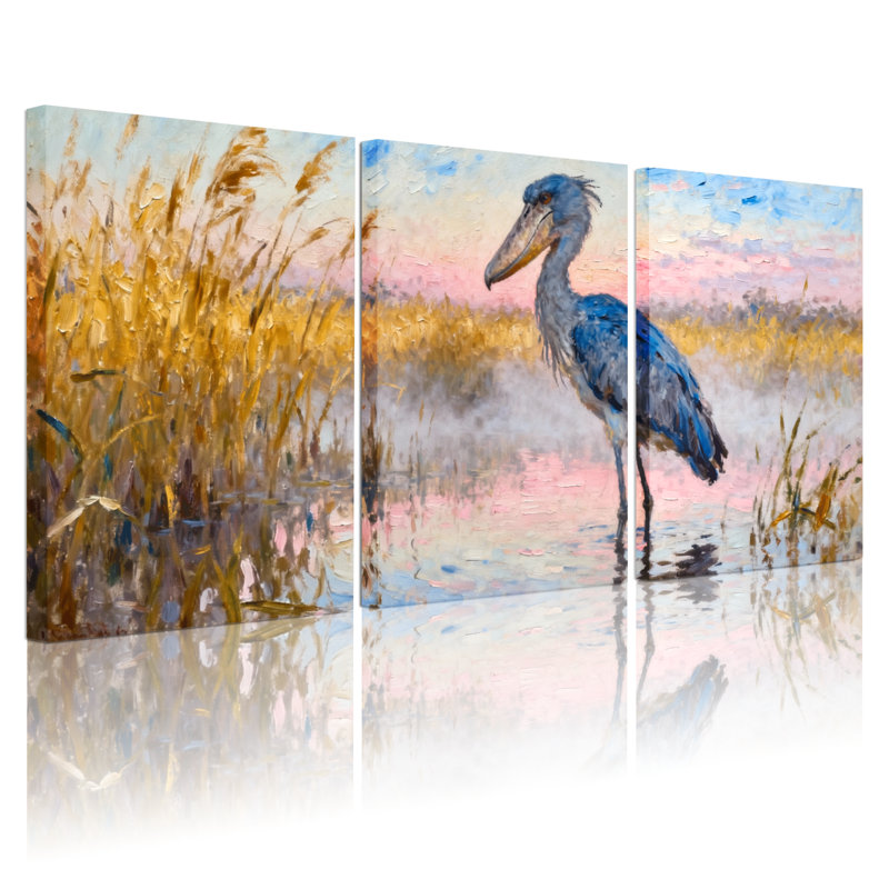 Birds Blue Heron In Golden Reeds At Sunset, ensemble de 3 impressions sur toile, H 24 po x l 48 po