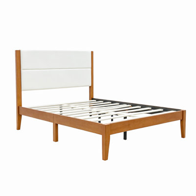 Structure de lit plateforme Mid-Century moderne avec tête de lit tapissier, support de lattes en bois massif, aucun sommier requis, assemblage facile, pleine grandeur, brun