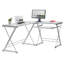 Bureau d'ordinateur en L en verre trempé avec panneau de clavier coulissant, transparent