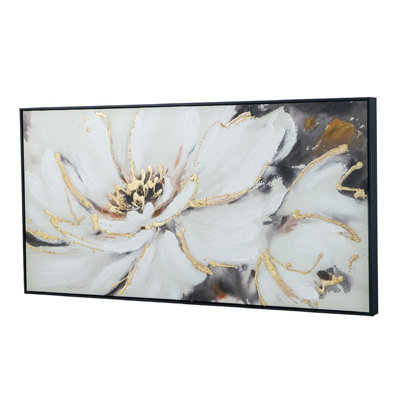 «Blooming Floral», art mural peint à la main - l 24,5 po x H 48 po x L 2 po - cadre noir - crème / gris
