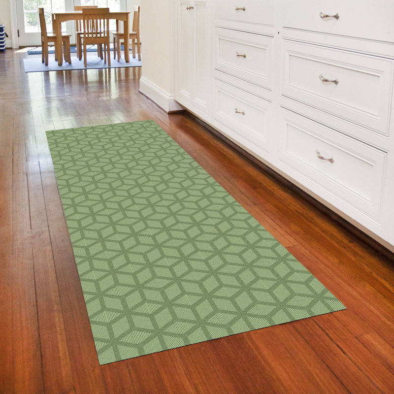 Tapis de cuisine à profil bas Un-Rug Cubics Rube par Matterly, Rectangle 2 pi x 6 pi, Vert